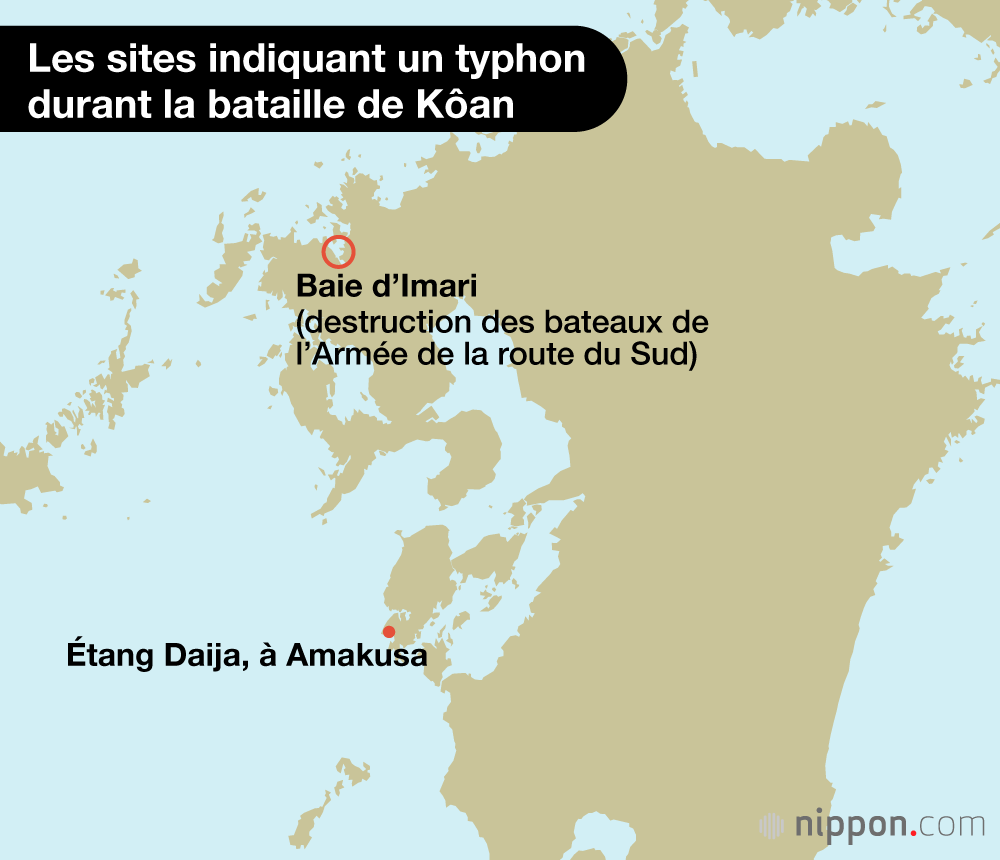 Les sites indiquant un typhon durant la bataille de Kôan