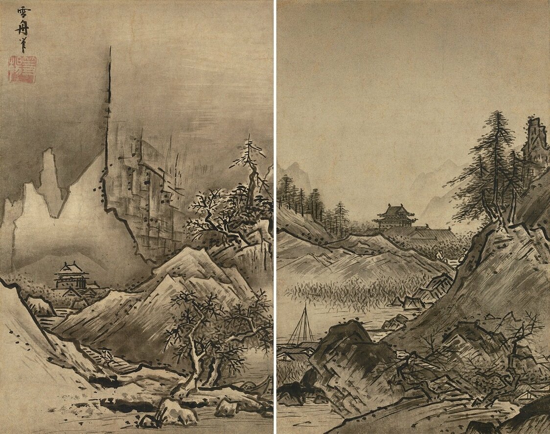 日本国宝《秋冬山水图》（左图为冬景，右图为秋景）（东京国立博物馆藏，ColBase）