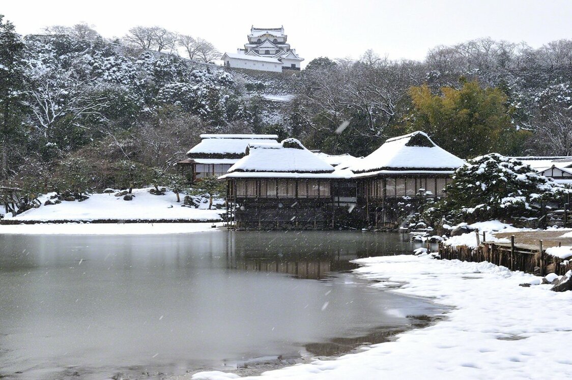Le donjon du château de Hikone, vu depuis le jardin Genkyû-en sous la neige.