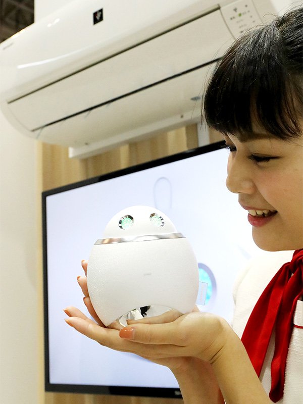 Home Assistant, Sharp’s egg-shaped robot that can recognize human speech and can operate home appliances like air conditioners and TVs. The robot incorporates temperature and humidity sensors. (Photo © Jiji)