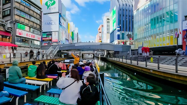 乘坐“顿堀水上观光船”在道顿崛川欣赏繁华闹市