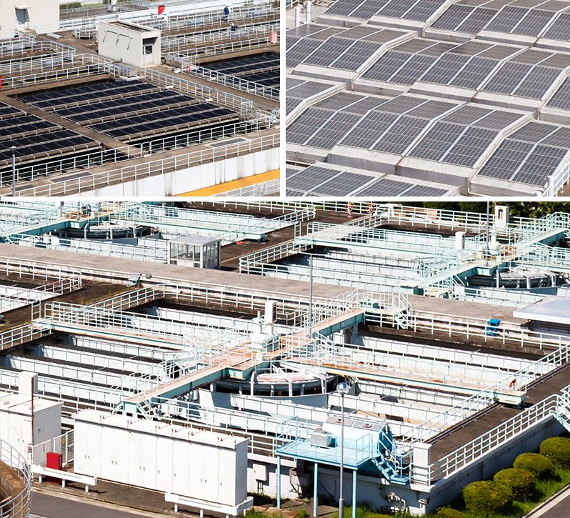(Arriba a la izquierda) pozos de sedimentación inclinada, que logran una mejor sedimentación de la turbiedad del agua; (arriba a la derecha) las instalaciones en las que se recoge el agua tras la limpieza avanzada cuentan con paneles solares en el tejado; (abajo) Instalaciones para aguas industriales y pozo de rápida sedimentación