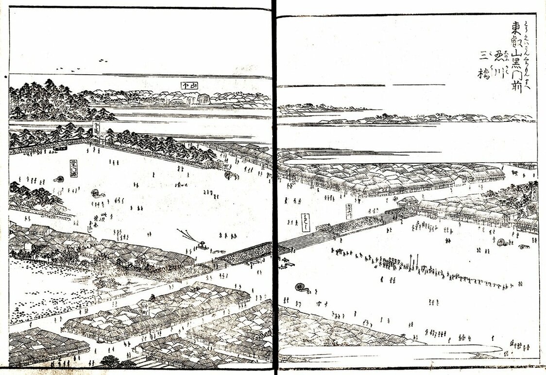 Edo meisho zue: Tōeizan kuromon-mae (“Guía ilustrada de los lugares famosos de Edo”). Frente a la Kuromon (puerta negra) de Tōeizan, Kan’eiji. Ueno Hirokōji durante el periodo Edo. (Ejemplar conservado en la Colección de la Biblioteca Nacional de la Dieta)