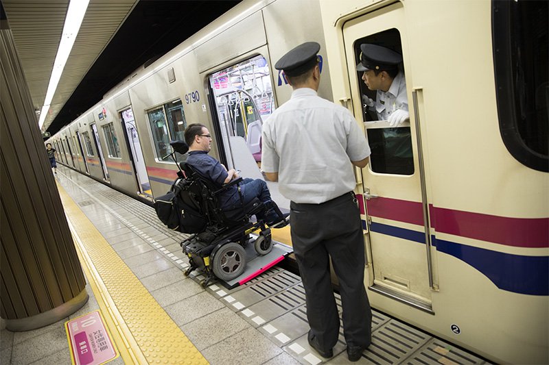 Train services always provide ramps for users with wheelchairs, but people in mobility scooters may be refused entry.