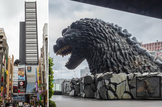 El Hotel Gracery Shinjuku y su enorme cabeza de Godzilla. Los huéspedes pueden verla de cerca desde la recepción, en el octavo piso. (© Nippon.com; Por cortesía de TM & © Toho Co., Ltd.)