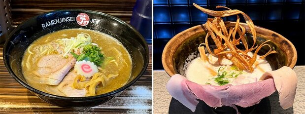 『ラーメン人生JET』的「雞肉燉麵」(左)、『鶏soba 座銀 本店』的「雞soba」(右)