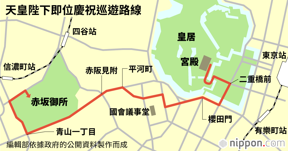 「即位之禮」：始於「賢所大前之儀」，經「正殿之儀」和「慶祝巡遊」，終於「饗宴之儀」