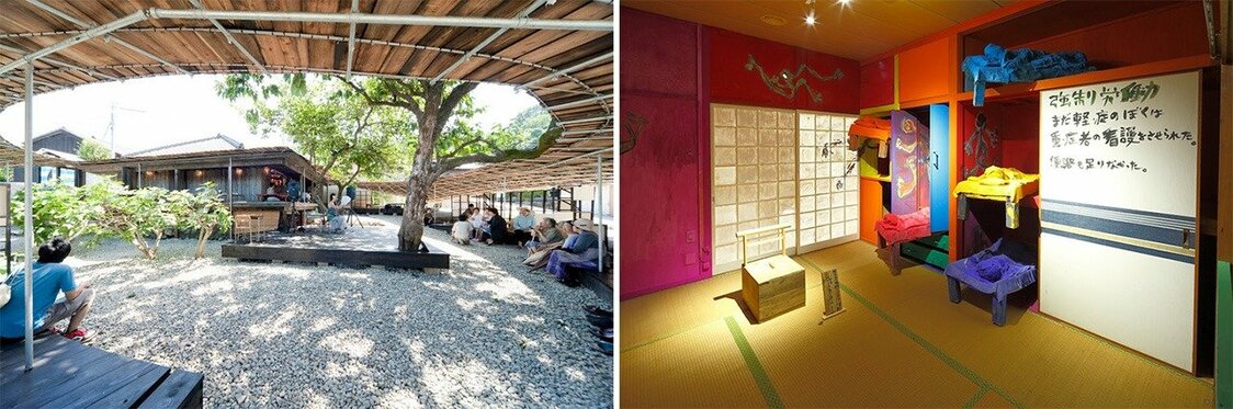 Left:  Shima Kitchen, an abandoned house converted to a restaurant on the island of Teshima in the Seto Inland Sea. (Photo by Nakamura Osamu) Right: Tashima Seizō, Life of N: 70 Years on Ōshima—A Room with a Wooden Pot. (Photo by Kioku Keizō)