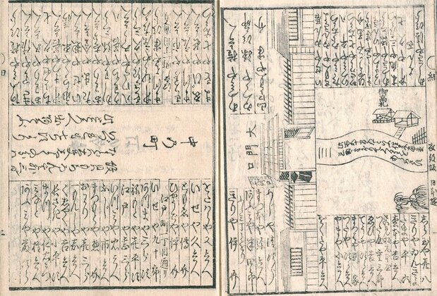 L’un de ses guides, Goyô no matsu (« Les Pins à cinq aiguilles »), représente la porte principale de Yoshiwara à droite et la rue Nakanochô à gauche, bordée de maisons closes. (Avec l'aimable autorisation de la Bibliothèque de la Diète nationale du Japon)