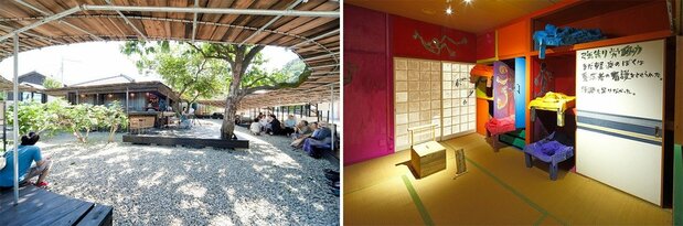 Left: Shima Kitchen, an abandoned house converted to a restaurant on the island of Teshima in the Seto Inland Sea. (Photo by Nakamura Osamu) Right: Tashima Seizō, Life of N: 70 Years on Ōshima—A Room with a Wooden Pot. (Photo by Kioku Keizō)