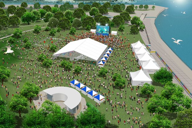 決勝戦の地・横浜では、みなとみらいの臨港パークにファンゾーンが設けられる。会場イメージ図提供:ラグビーワールドカップ 2019 組織委員会
