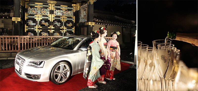 A l’occasion du festival Nippon to Asobô, une automobile de luxe stationnée devant la porte Karamon du Nishi-Hongan-ji, désignée comme trésor culturel du Japon.
