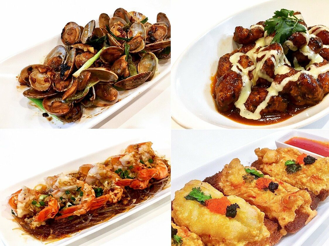 「火炎」也提供許多香港大牌檔的炒菜料理，如豆豉炒蜆、粉絲蒸大蝦等，也有自己的創意料理（筆者攝影）