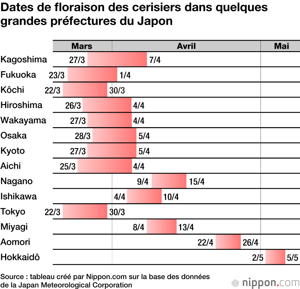 Dates de floraison des cerisiers dans quelques grandes préfectures du Japon