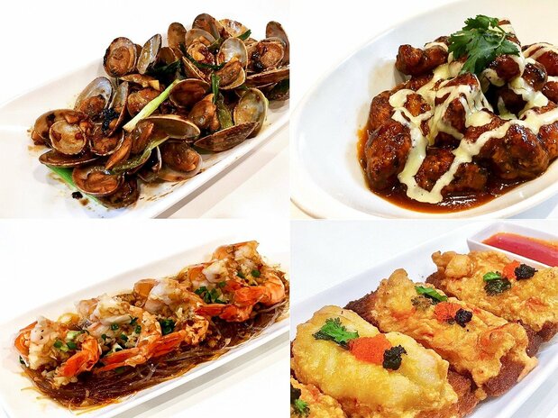 A sampling of Hong Kong standards served at Kaen that includes stir-fried clams with black bean sauce (upper left) and steamed shrimp with rice noodles (lower left).
