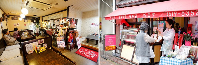 「ペロケ」店内（左）。お客さまの要望にこたえて、メニューのつけ合わせにしていた漬物も販売している。2代目が接客中（右）。ぺロケ東京都墨田区京島3－22－903－3619－8350　9：00～19：00　水曜休