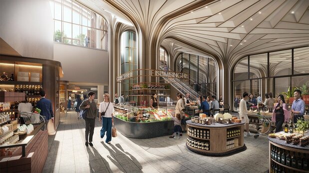 منظر من داخل سوق المواد الغذائية. © DBOX for Mori Building Co., Ltd. - Azabudai Hills.