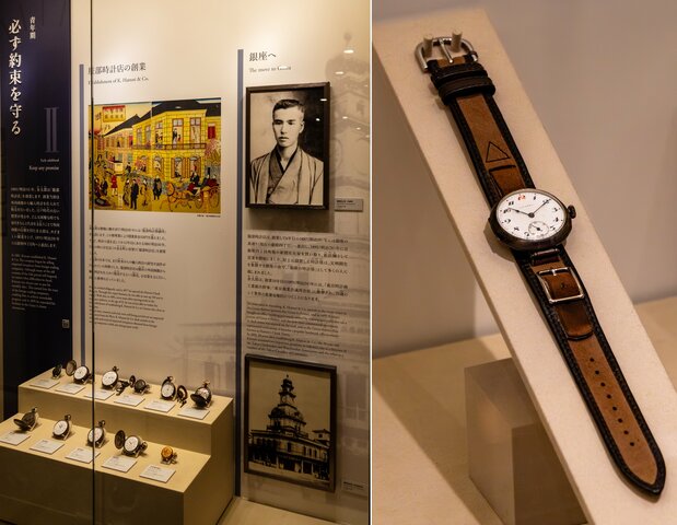 左：創業期には輸入懐中時計の販売で事業を軌道に乗せた　右：1913（大正2）年に製造した国産初の腕時計「ローレル」