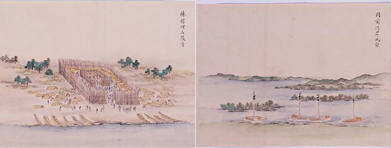 間宮林蔵が記録したデレンの写生画（左図）。柵の周囲には諸民族の仮小屋が建つ。デレンから対岸を見た写生画（右図）。現在の山並みとよく似ていた＝間宮林蔵「東韃地方紀行」（国立公文書館内閣文庫蔵）