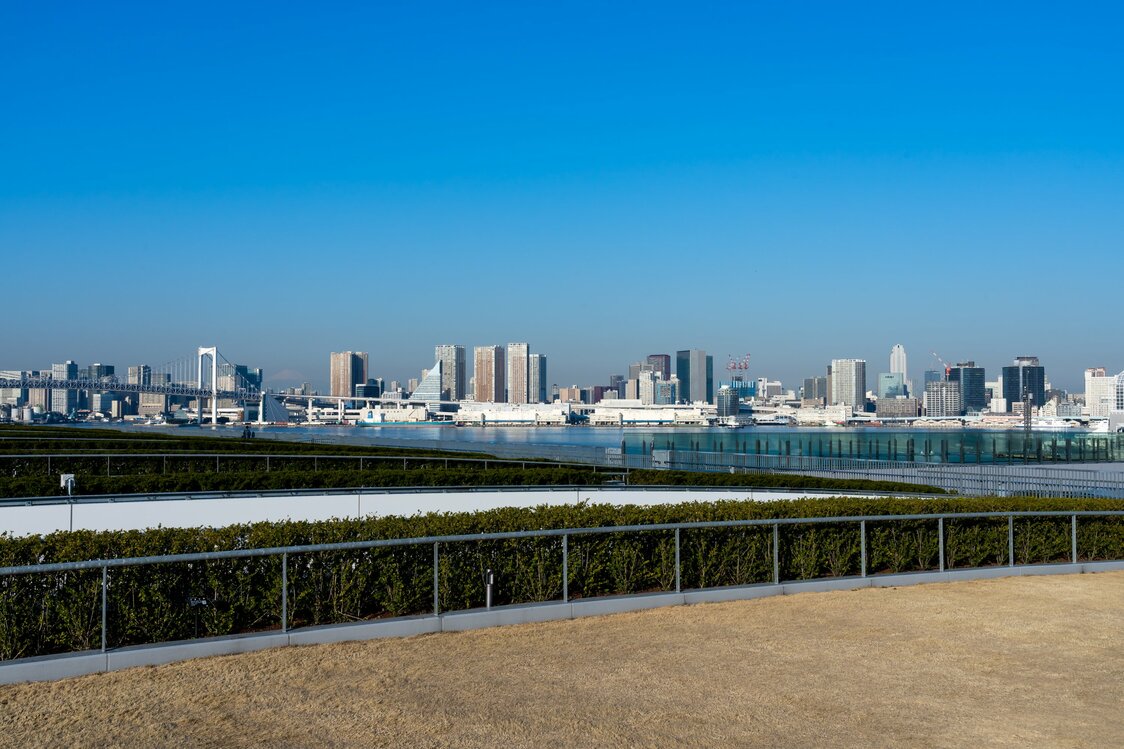La zona verde de la azotea es el lugar perfecto para recobrar el aliento después de caminar por los amplios terrenos del mercado. Tiene vistas a la Torre de Tokio y al Rainbow Bridge.