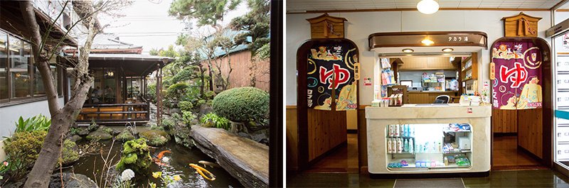 泡完澡后欣赏一番日本庭院的美景，也别有一番趣味（左）；“TAKARA汤”前台左侧是男浴池，右侧是女浴池。请勿走错