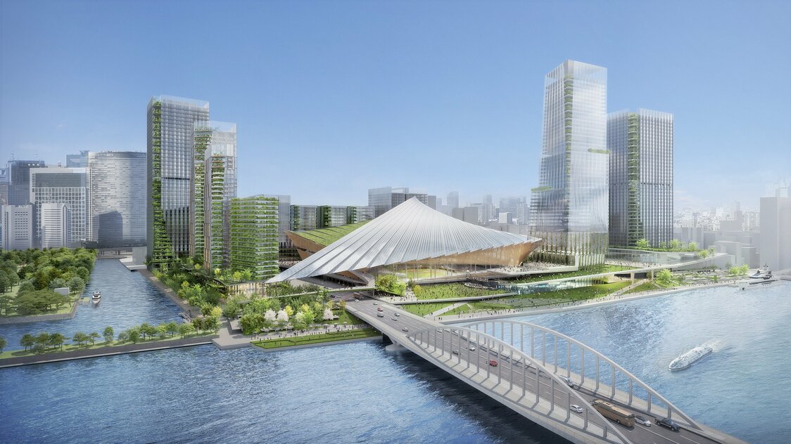 Visuel du projet de réaménagement du marché de Tsukiji, qui intègre la construction d’un stade couvert. (© Mitsui Fudôsan via Jiji)