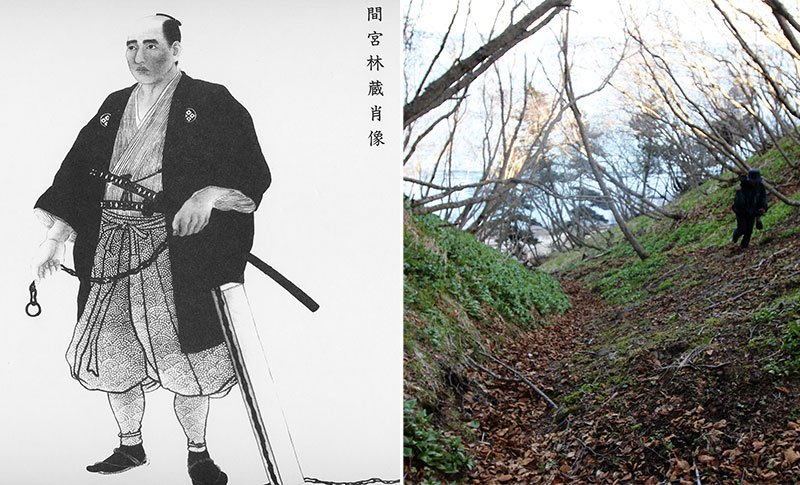 間宮林蔵の肖像画（写真左）。タバ湾に残されていた古い道。林蔵の記録通りだった（写真右）
