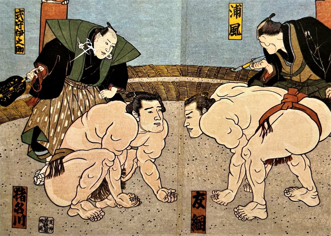 江戸時代天保年間の大相撲の仕切り光景。猪名川（左）と友綱（1843年）