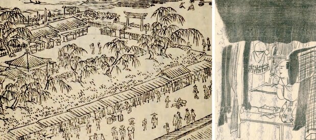 Izquierda: Edo meisho zue: Yanagihara-zutsumi (“Ilustraciones de los lugares famosos de Edo: terraplén de Yanagihara”), con las tiendas de ropa usada alineadas. Derecha: comerciante de ropa usada en Edo shokunin uta-awase (“Concurso de poemas de los artesanos de Edo”). (Ambas imágenes han sido cedidas por la Colección de la Biblioteca Nacional de la Dieta)