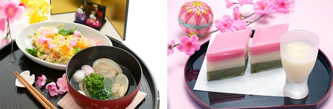 Bouillon clair de palourdes hamaguri servi avec du chirashi-zushi (à gauche). Hishimochi et shirozake.
