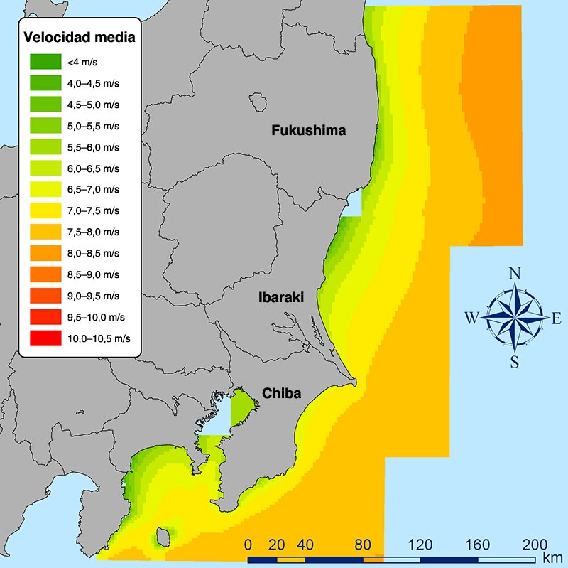 Velocidad media anual de los vientos en la costa de las prefecturas de Fukushima, Ibaraki y Chiba. La velocidad media de los vientos marítimos en un punto de la costa de Iwaki, Fukushima, medida durante un periodo de dos años, fue de 7,4 metros por segundo, con unas velocidades mensuales máximas que sobrepasaban los 9 m/s, en comparación con la velocidad media de los vientos en tierra firme, que fue de tan solo 4,3 m/s. (Gráfica cortesía del profesor Ishihara Takeshi, Universidad de Tokio)