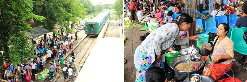 Danyingon Station is located alongside a market; it can be difficult to see where the station ends and the stalls begin.