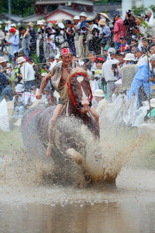 A horse and rider dash through the paddy, spraying mud as they go. Such stunning shots are almost always guaranteed a top place finish at the festival’s photo contests. (© Haga Library)
