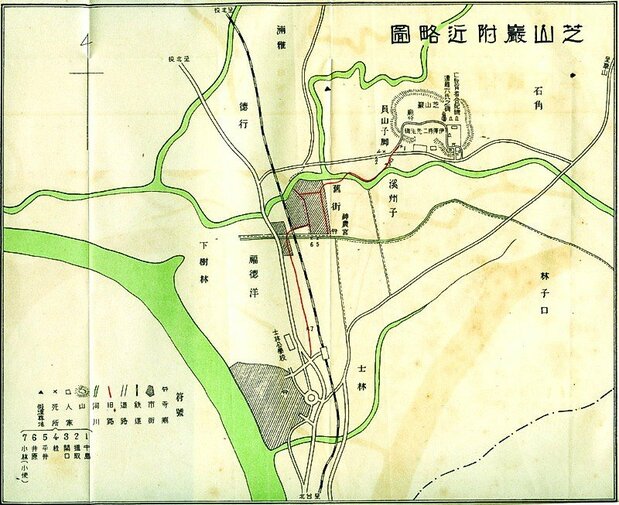 日本統治時代の芝山巌付近略図。台北市北部の士林に近い場所である。芝山巌の北側には温泉で知られた草山(現・陽明山)があった