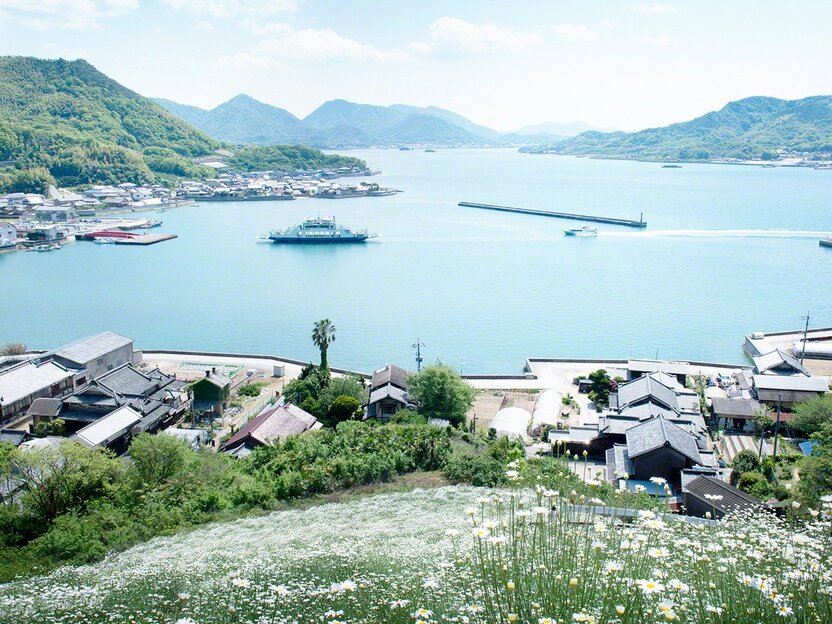 除虫菊の島として名高い因島・重井港にフェリーが入る（因島）
