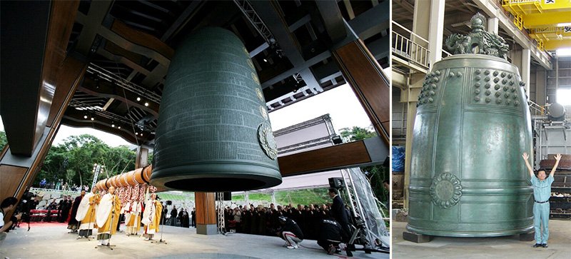 À gauche, la cloche de 25 tonnes du monastère de la Montagne du Tambour du Dharma (Fagushan) à Taipei, et à droite celle de 48 tonnes livrée à Muryôjuji situé dans la ville de Katô, préfecture de Hyôgo. (avec l’aimable autorisation de Oigo Seisakusho)