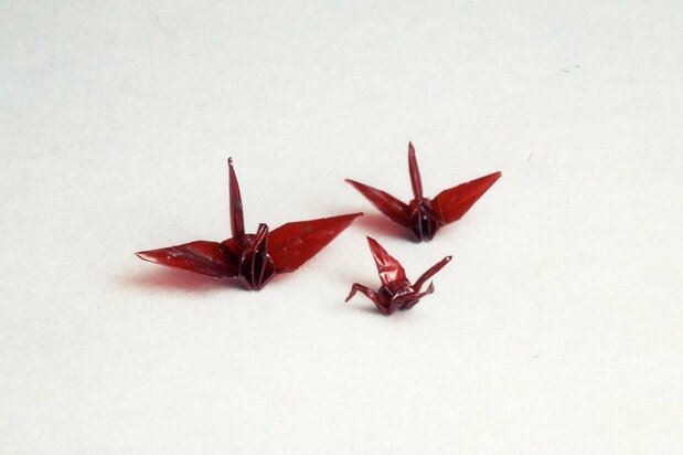 Grullas de origami de la niña Sasaki Sadako, hechas con los envoltorios de papel de sus medicinas. Fueron donadas al museo por Umeda Yoriko.