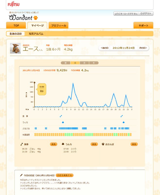 歩数は1時間ごとに集計され、グラフで示される。大きいピークは、歩数が多いとき。たくさん運動したことがわかる。
