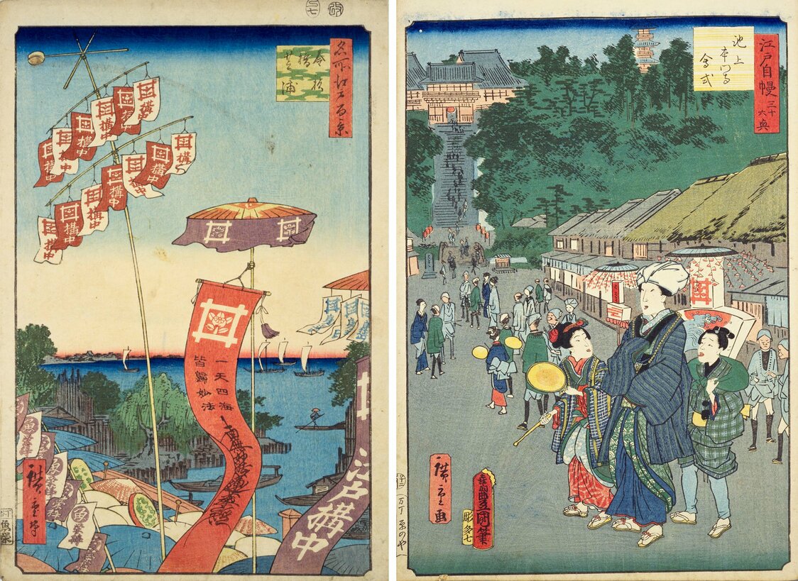 （左）お会式に向かう群衆を描いた広重作『名所江戸百景』の「金杉橋芝浦」（1857年刊）（右）2代目広重が背景、3代目豊国（国貞）が人物を担当した『江戸自慢三十六興』の「池上本門寺会式」（1864刊、共に国会図書館蔵）