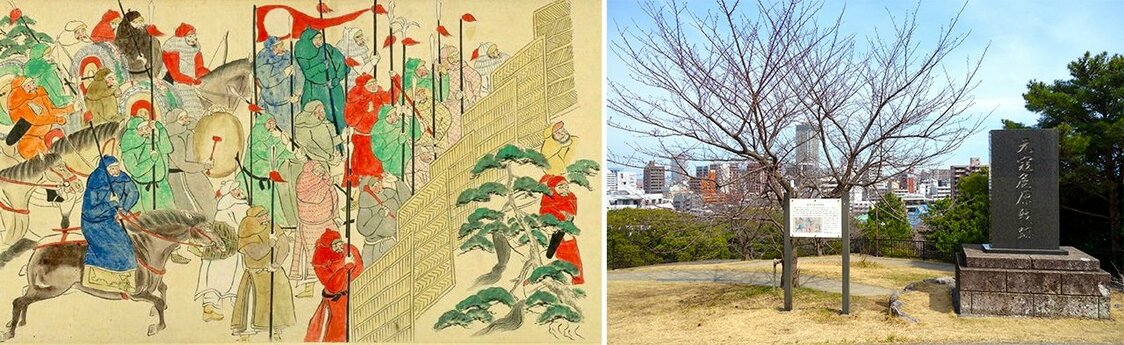 （左）祖原山に陣取った元軍兵士たち、『蒙古襲来絵詞(模本)』より（九州大学附属図書館所蔵）、（右）現在の祖原山の山頂（筆者撮影）