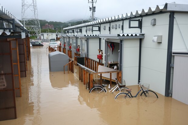 Flood waters from rainstorms inundate temporary housing for victims of the Noto Peninsula earthquake in Wajima, Ishikawa, on September 22, 2024. (© Jiji)