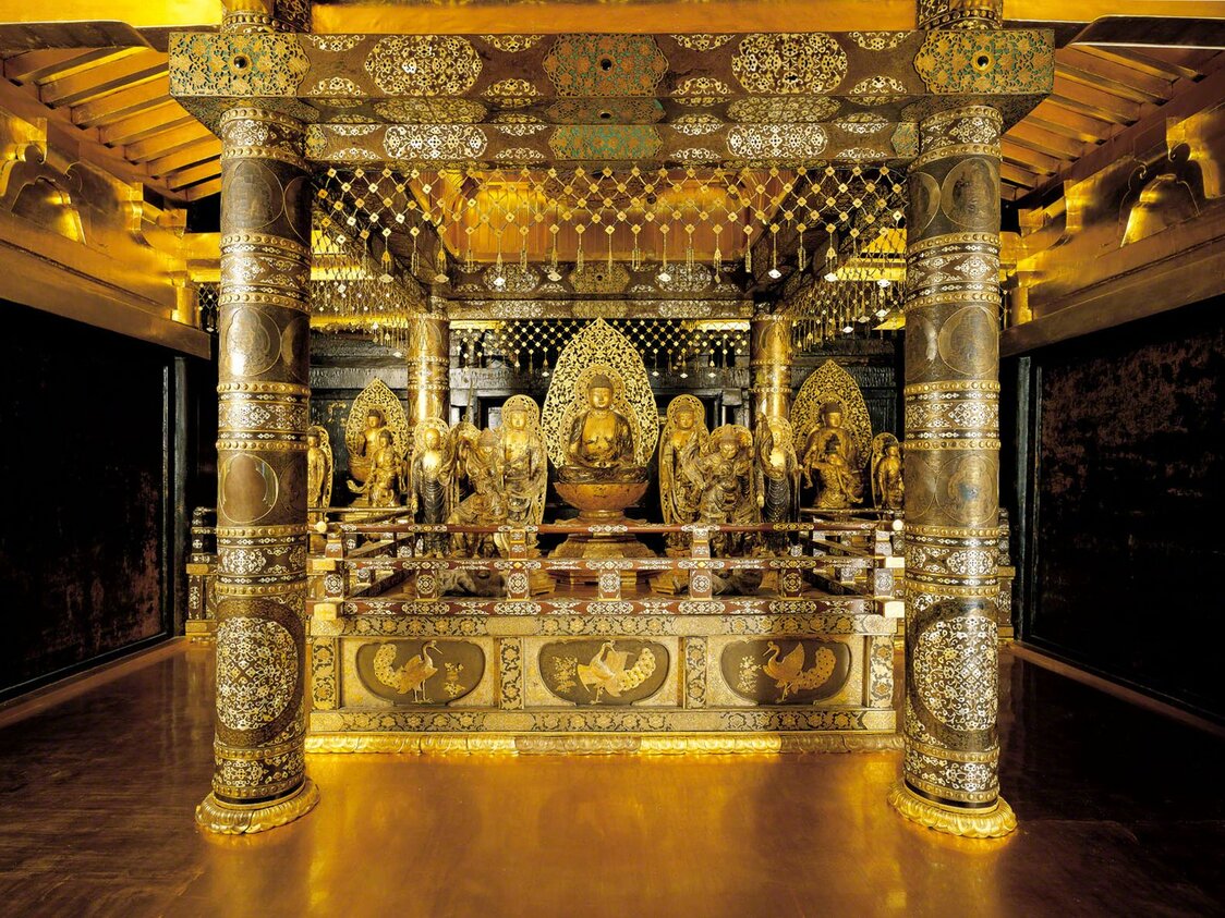 The Konjikidō is a treasure trove of fine ornamentation in mother-of-pearl inlay, ivory, and lacquer. (© Chūsonji)