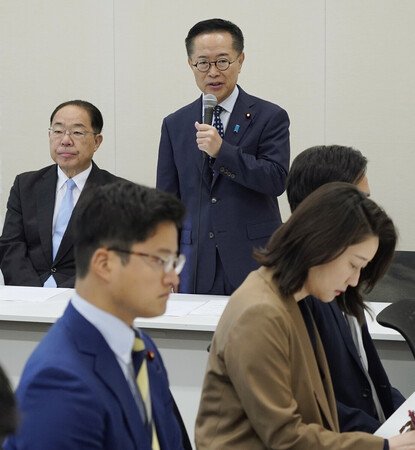 Motohisa Furukawa, acting leader of the Democratic Party for the People, speaks at a meeting of the Japanese opposition party on Wednesday.