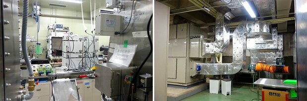 (左)產業技術綜合研究所實驗室,(右)為了維持濕度低於1%,另外在其他房間設置大型除濕裝置(筆者攝影)