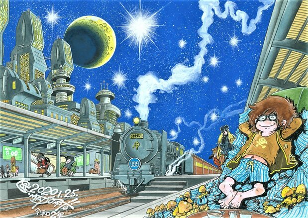 Matsumoto’s Leijisha website (https://leijisha.jp/) is filled with fun illustrations, such as this one penned by Matsumoto in November 2019 to commemorate being released from the hospital after collapsing on a visit to Italy. (© Matsumoto Leiji/Leijisha)