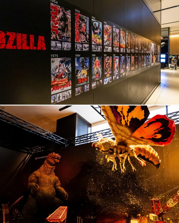 La recepción del hotel cuenta con una colección de carteles de las películas de Godzilla y un traje que fue utilizado en un rodaje. (© Nippon.com; Por cortesía de TM & © Toho Co., Ltd.)