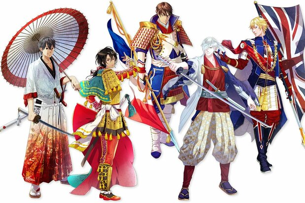From left: The personified flags of Japan, Spain, France, Russia, and Britain. (© WorldFlags)