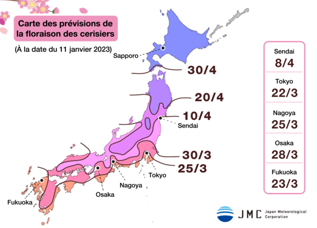 Carte des prévisions de la floraison des cerisiers