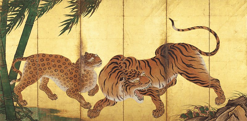 Lámina izquierda del biombo Dragón y Tigre, de Kanō Sanraku. Patrimonio Cultural de Importancia. Data de entre los períodos Azuchi-Momoya y Edo (siglo XVII). Propiedad del templo Myōshin, Kioto.
