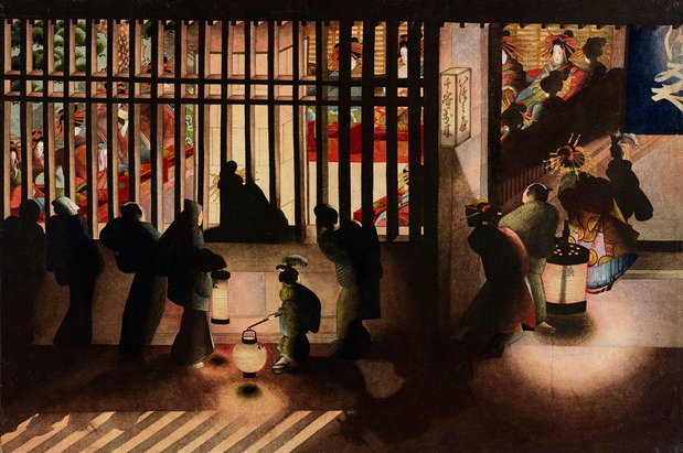 Katsushika Ôi, la fille de Hokusai, utilise avec brio les jeux d’ombre et de lumière dans son tableau « Scène nocturne à Yoshiwara » (Yoshiwara kôshi saki no zu). (Avec l’aimable autorisation du Musée d’art commémoratif d’Ôta)